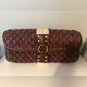Woven Brown Clutch with Gold-Like Hardware